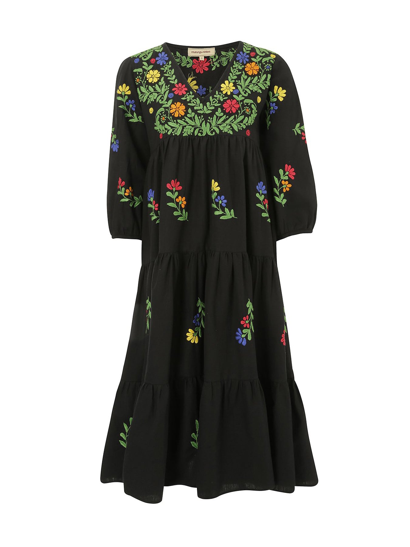 Releve Fashion Muzungu Sisters Black Frangipani Organic Cotton Hand-Embroidered Dress Ethical Designers Sustainable Fashion Brand Handmade Artisanal Positive Fashion Conscious Luxury Purchase with Purpose Shop for Good