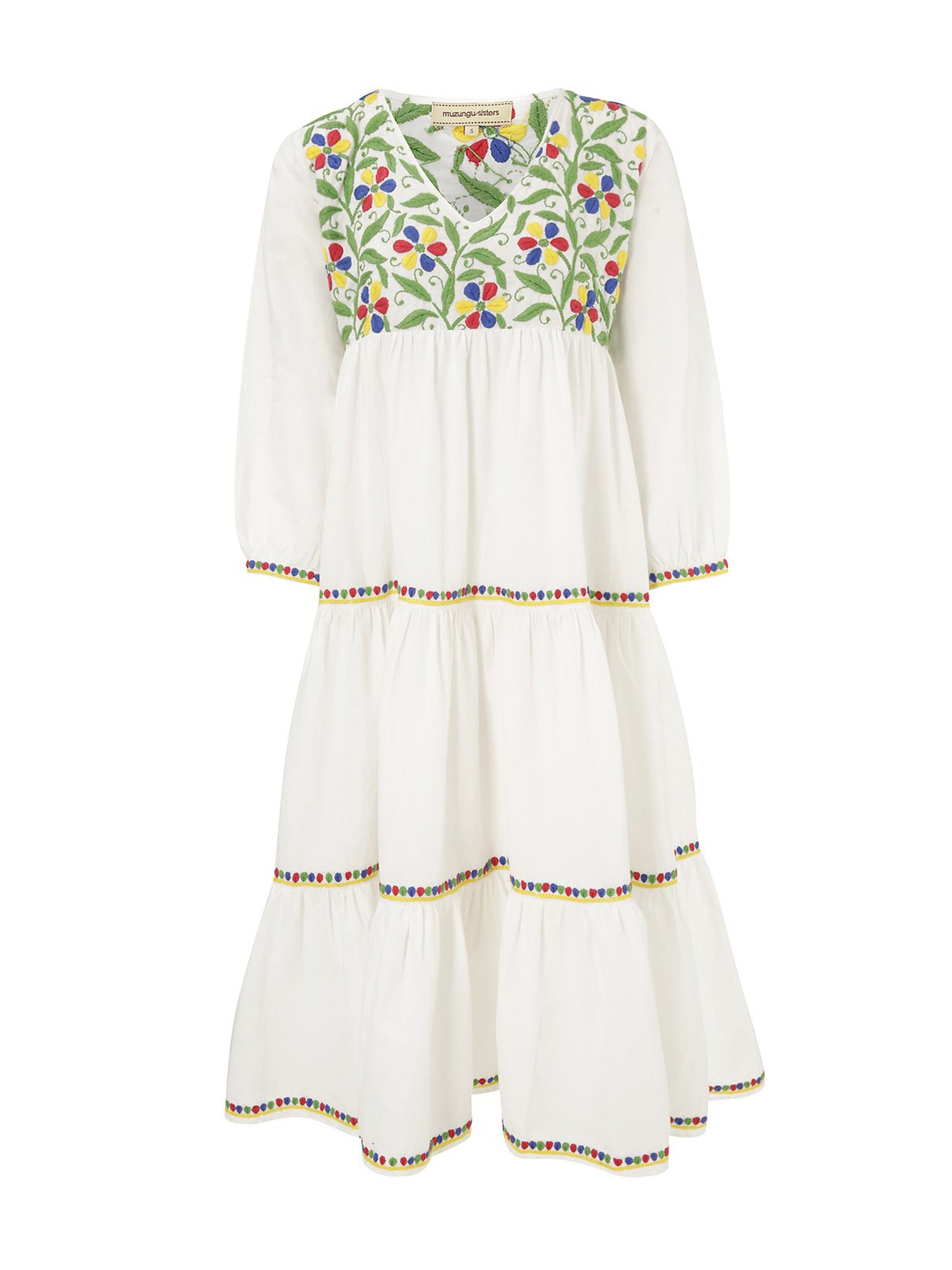 Releve Fashion Muzungu Sisters White Frangipani Organic Cotton Hand-Embroidered Dress Ethical Designers Sustainable Fashion Brand Handmade Artisanal Positive Fashion Conscious Luxury Purchase with Purpose Shop for Good