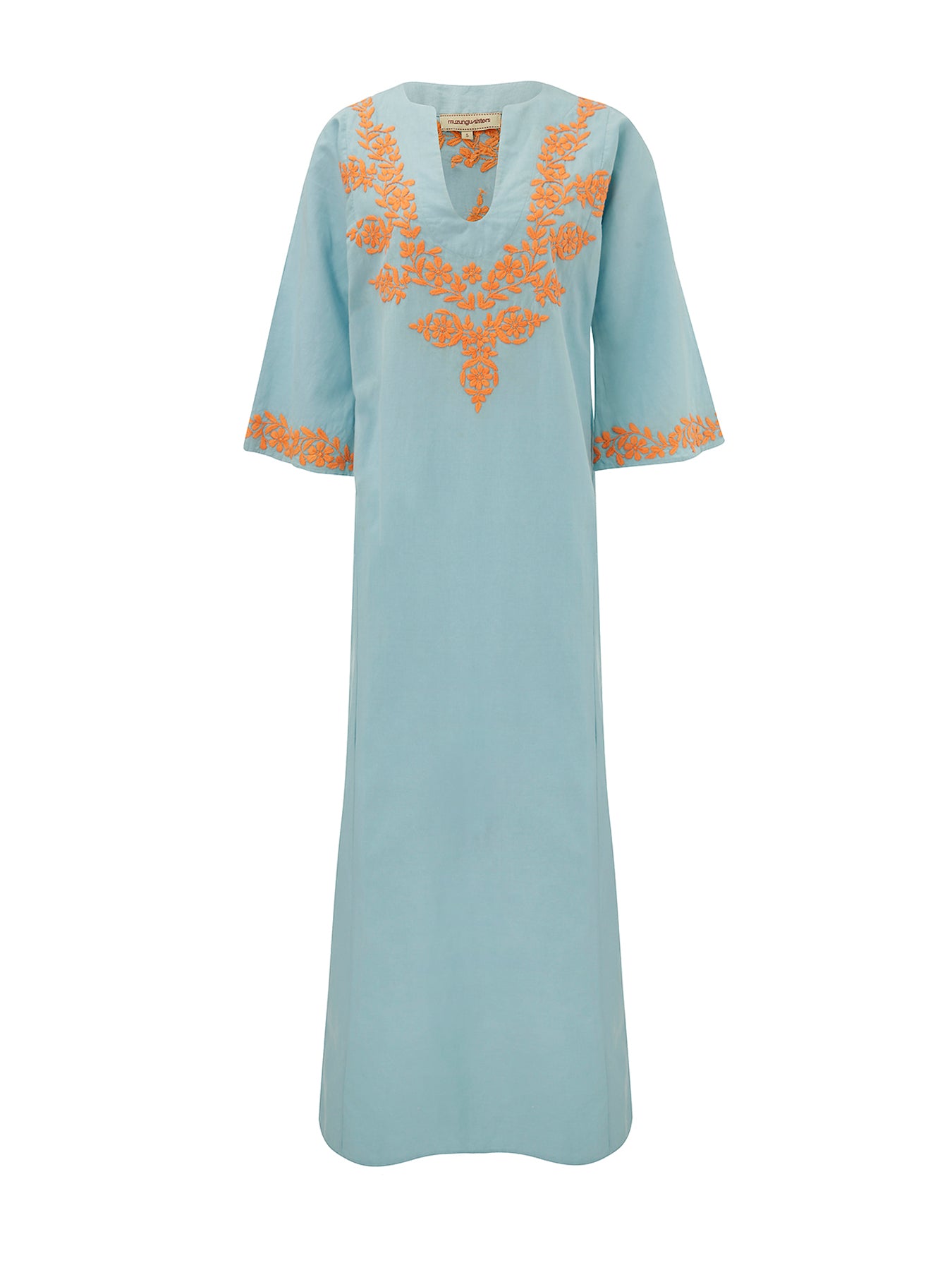 Releve Fashion Muzungu Sisters Lotus Hand-Embroidered Blue Orange Cotton Kaftan Ethical Designers Sustainable Fashion Brand Handmade Artisanal Positive Fashion Purchase with Purpose Shop for Good