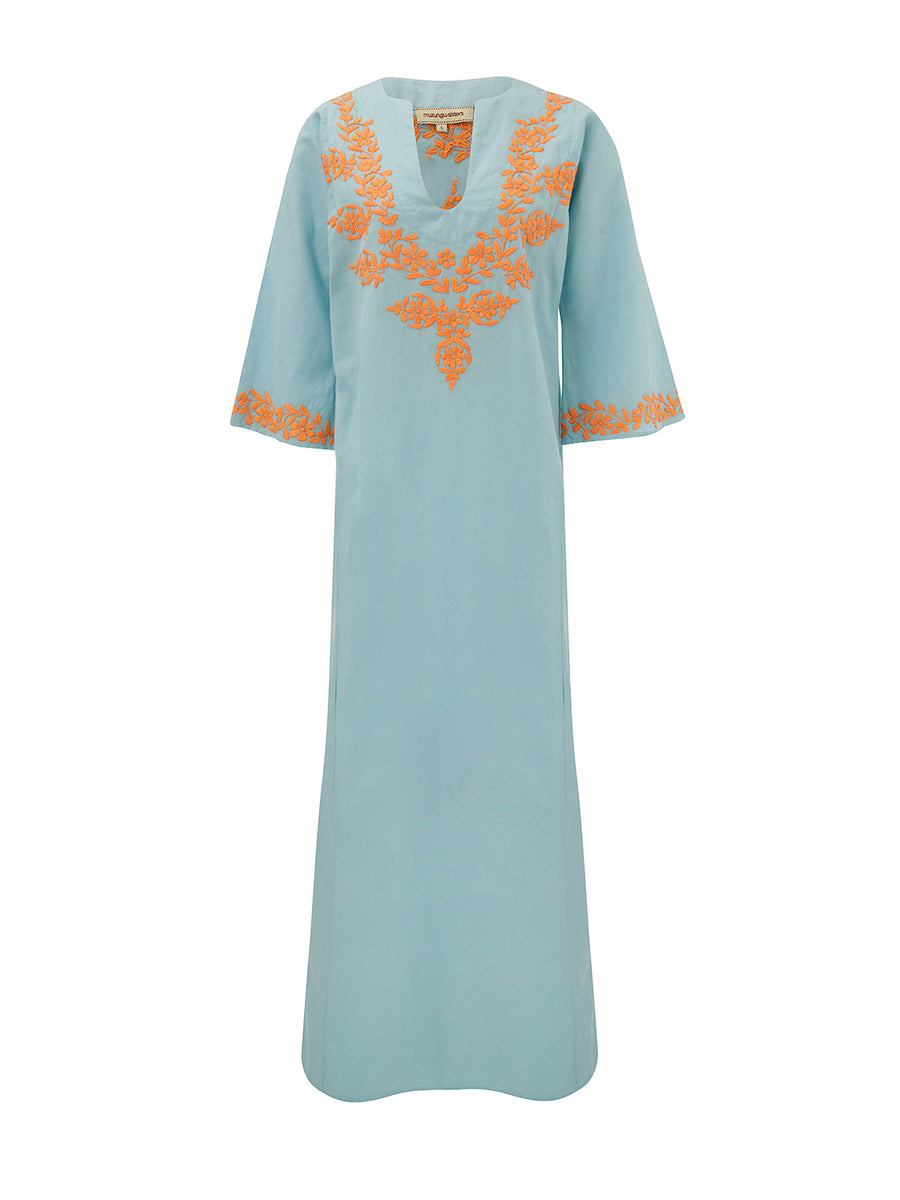 Releve Fashion Muzungu Sisters Lotus Hand-Embroidered Blue Orange Cotton Kaftan Ethical Designers Sustainable Fashion Brand Handmade Artisanal Positive Fashion Purchase with Purpose Shop for Good