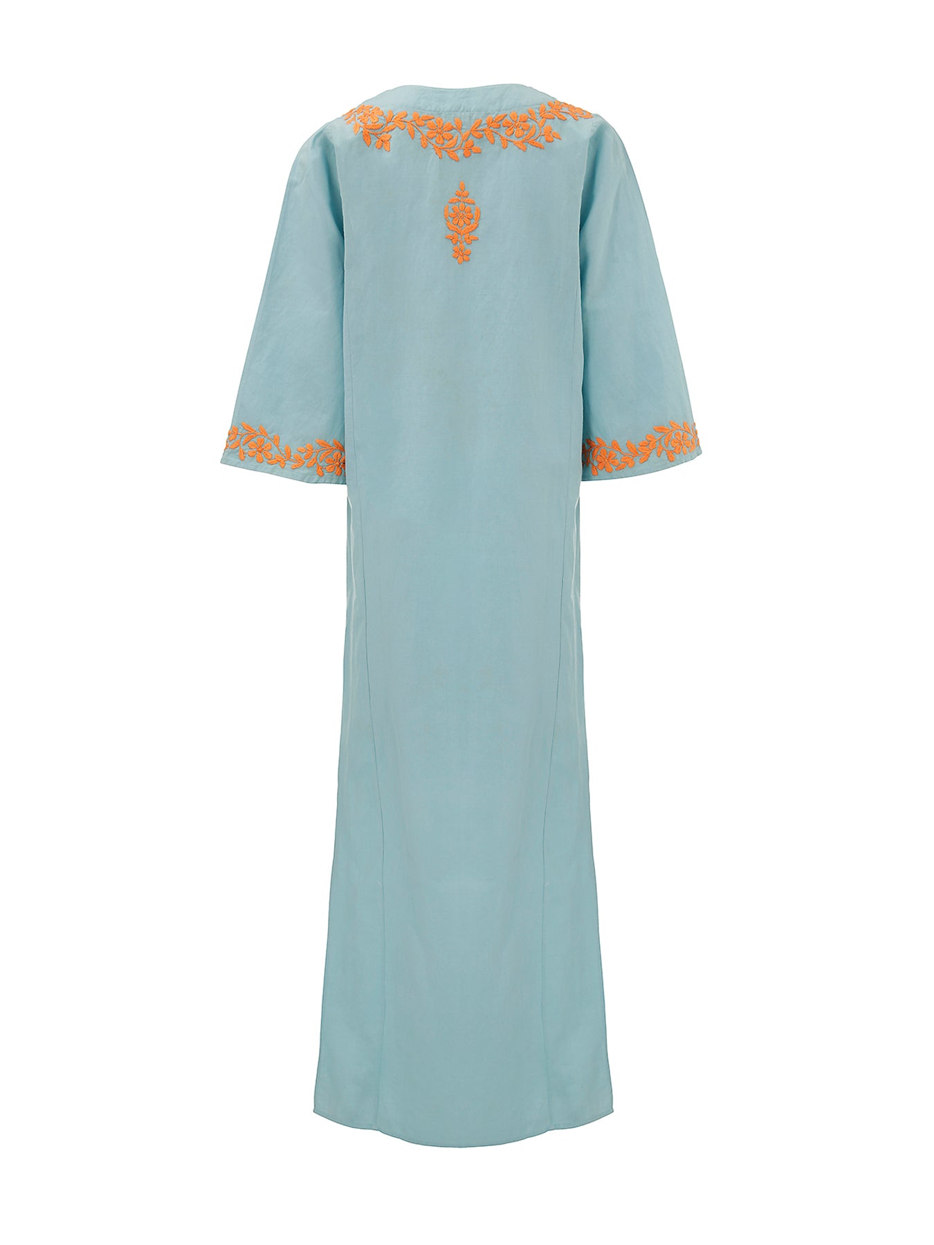 Releve Fashion Muzungu Sisters Lotus Hand-Embroidered Blue Orange Cotton Kaftan Ethical Designers Sustainable Fashion Brand Handmade Artisanal Positive Fashion Purchase with Purpose Shop for Good