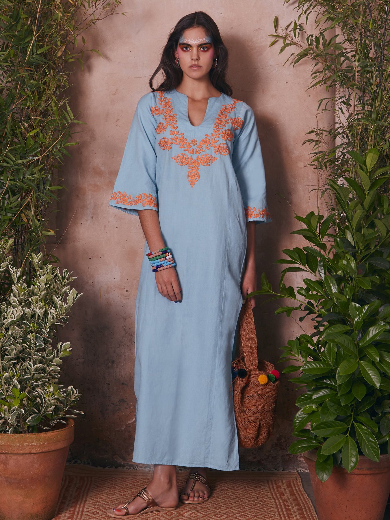 Releve Fashion Muzungu Sisters Lotus Hand-Embroidered Blue Orange Cotton Kaftan Ethical Designers Sustainable Fashion Brand Handmade Artisanal Positive Fashion Purchase with Purpose Shop for Good