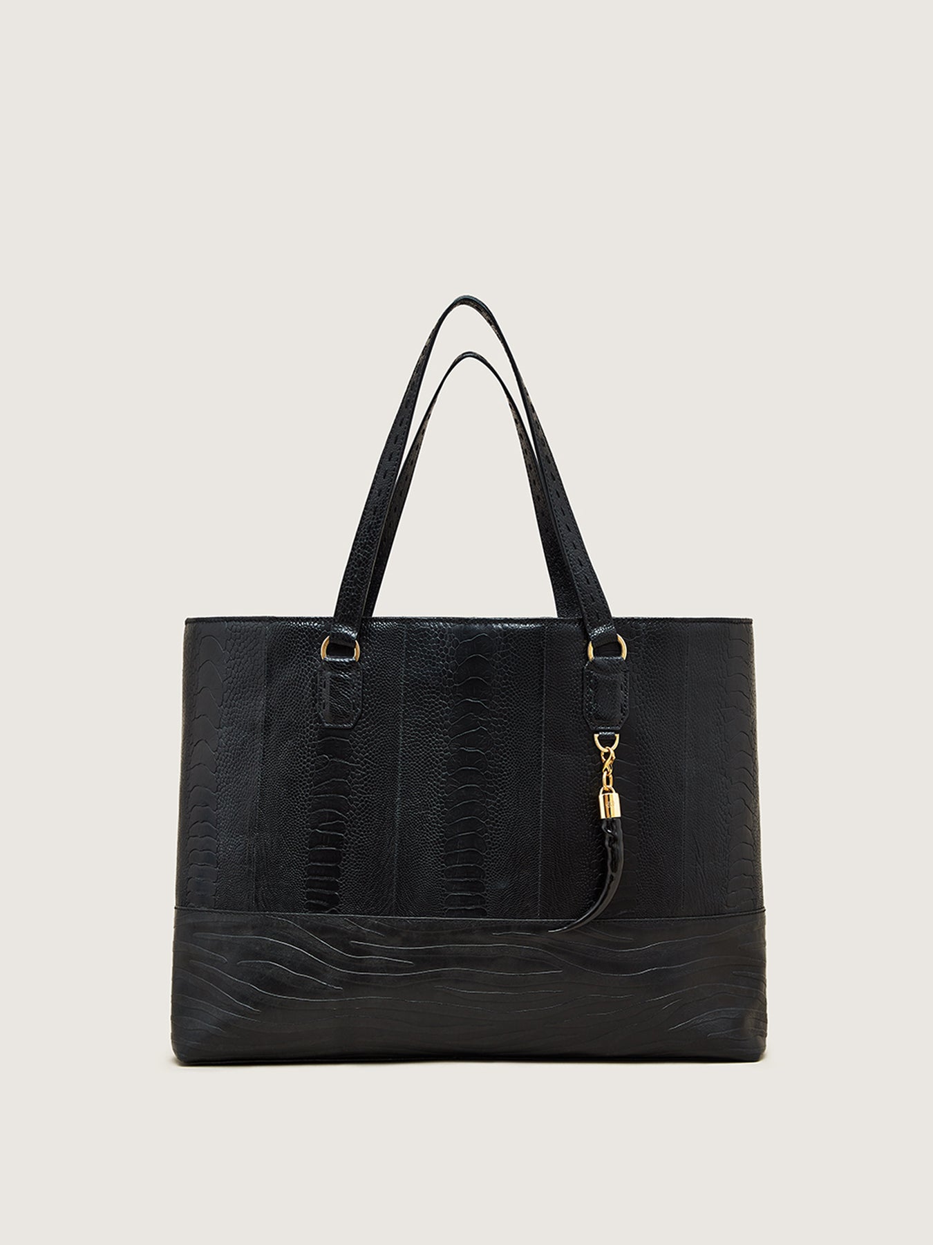 Mawu Tote, Black Ostrich Shin and Blesbok, Gold Hardware