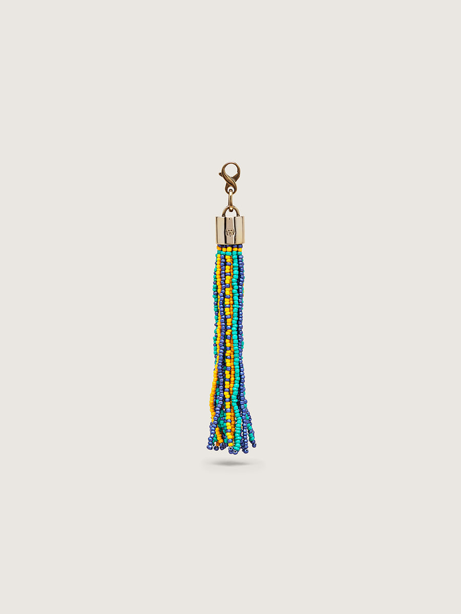 Releve Fashion Okapi Clip On Beaded Tassel Bag Charm Green Yellow Navy Sustainable Ethical Fashion Brand Positive Luxury Positive Fashion Purchase with Purpose Shop for Good