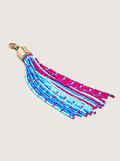 Releve Fashion Okapi Clip On Beaded Tassel Bag Charm Turquoise Fuchsia Blue Sustainable Ethical Fashion Brand Positive Luxury Positive Fashion Purchase with Purpose Shop for Good