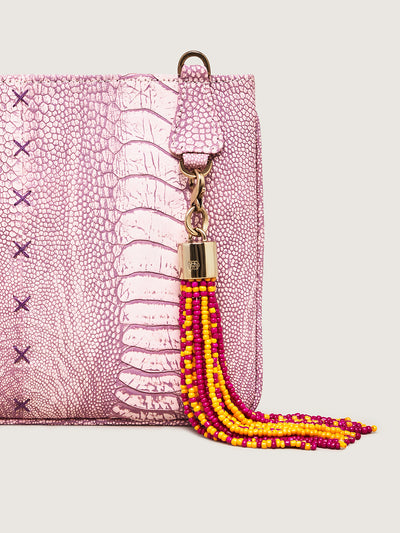 Releve Fashion Okapi Clip On Beaded Tassel Bag Charm Yellow Fuchsia Dark Yellow Sustainable Ethical Fashion Brand Positive Luxury Positive Fashion Purchase with Purpose Shop for Good