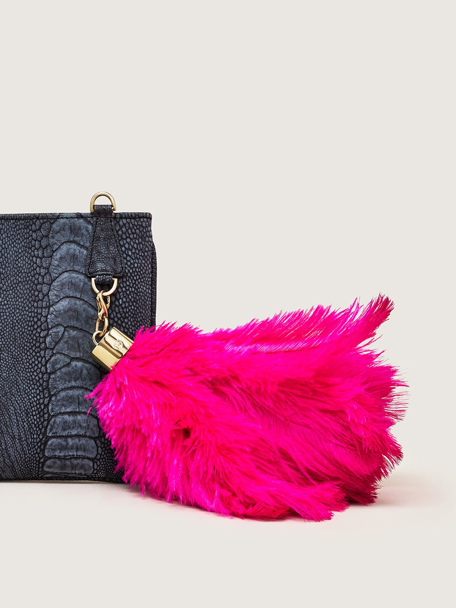 Releve Fashion Okapi Bag Charm Ostrich Feather Pink Gold Hardware Sustainable Ethical Fashion Brand Positive Luxury Positive Fashion Purchase with Purpose Shop for Good