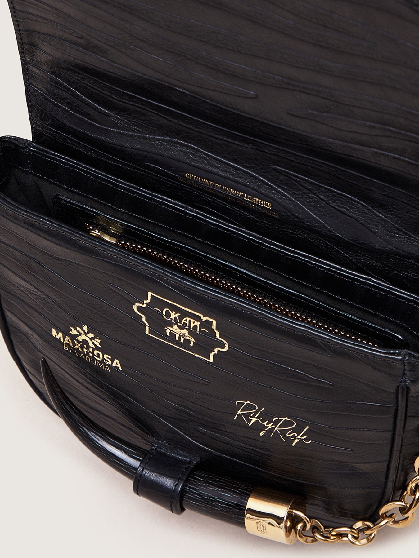 Releve Fashion Okapi Riky Rick Maxhosa by Laduma Collab Small Yemaja Black Zebra Blesbok Gold Hardware Sustainable Ethical Fashion Brand Positive Luxury Positive Fashion Purchase with Purpose Shop for Good