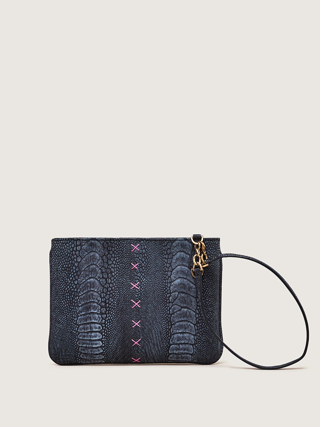 Clutch, Black Ostrich Shin, Pink Stitching