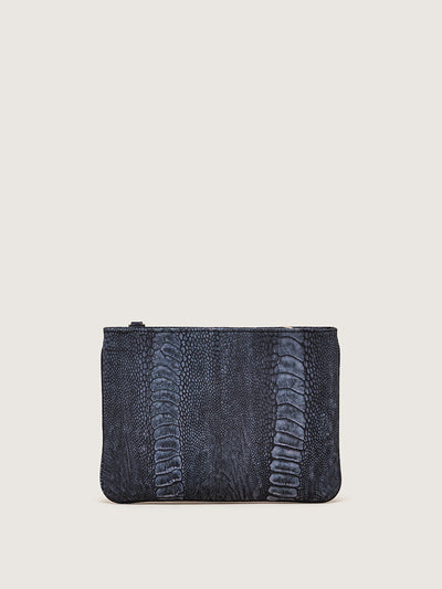 Releve Fashion Okapi Aja Clutch Black Ostrich Shin Pink Stitching Sustainable Ethical Fashion Brand Positive Luxury Positive Fashion Purchase with Purpose Shop for Good