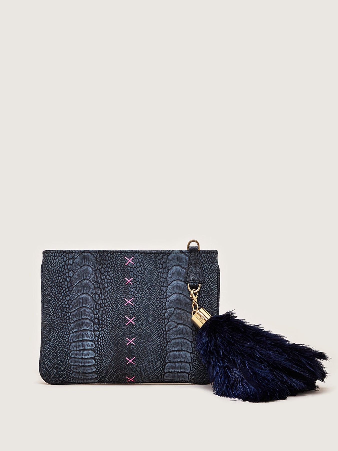 Releve Fashion Okapi Aja Clutch Black Ostrich Shin Pink Stitching Sustainable Ethical Fashion Brand Positive Luxury Positive Fashion Purchase with Purpose Shop for Good