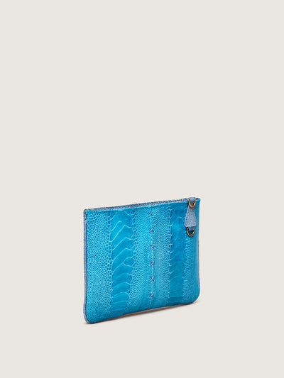 Releve Fashion Okapi Aja Clutch Crystal Blue Ostrich Shin Sustainable Ethical Fashion Brand Positive Luxury Positive Fashion Purchase with Purpose Shop for Good