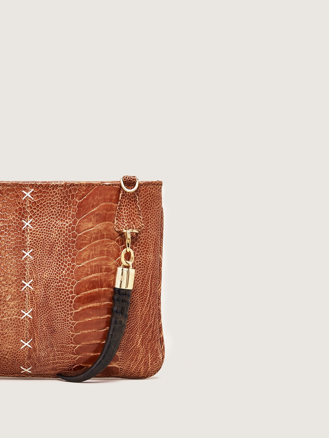 Releve Fashion Okapi Clutch Burnt Amber Ostrich Shin Gold Hardware Shop Buy Now Sustainable Fashion Ethical Fashion Positive Fashion Positive Luxury Brand Bags Accessories Clutch