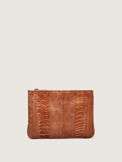 Releve Fashion Okapi Clutch Burnt Amber Ostrich Shin Gold Hardware Shop Buy Now Sustainable Fashion Ethical Fashion Positive Fashion Positive Luxury Brand Bags Accessories Clutch