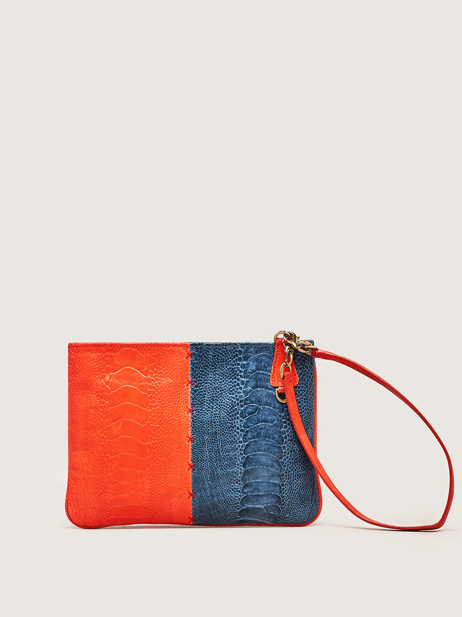 Releve Fashion Okapi Aja Clutch Chilli Red Ahos Blue Jean Ostrich Shin Black Stitching Sustainable Ethical Fashion Brand Positive Luxury Positive Fashion Purchase with Purpose Shop for Good