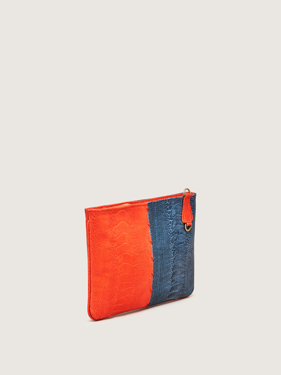 Releve Fashion Okapi Aja Clutch Chilli Red Ahos Blue Jean Ostrich Shin Black Stitching Sustainable Ethical Fashion Brand Positive Luxury Positive Fashion Purchase with Purpose Shop for Good