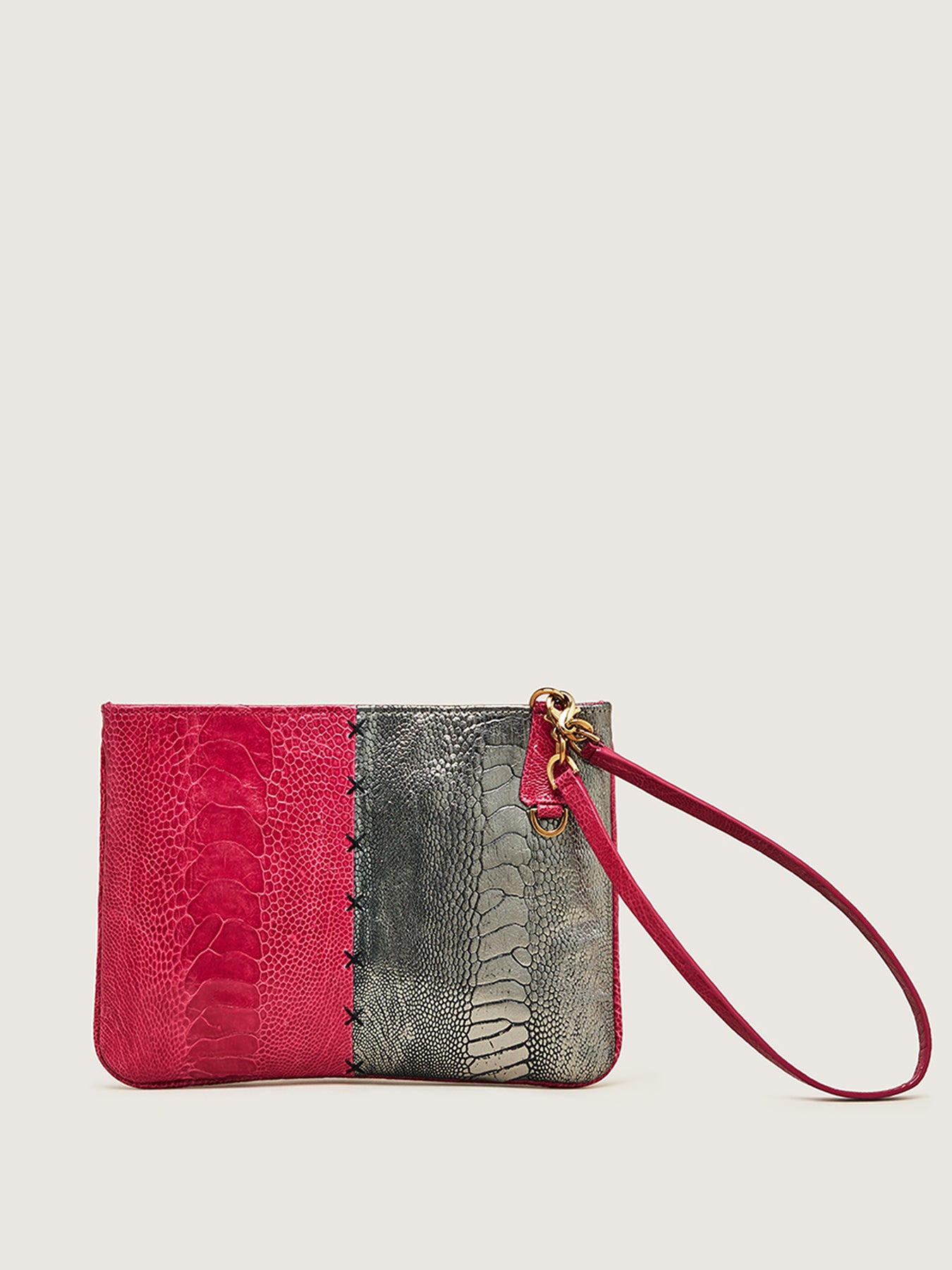 Releve Fashion Okapi Aja Clutch Gunmetal Lathyrus Ostrich Shin Black Stitching Sustainable Ethical Fashion Brand Positive Luxury Positive Fashion Purchase with Purpose Shop for Good