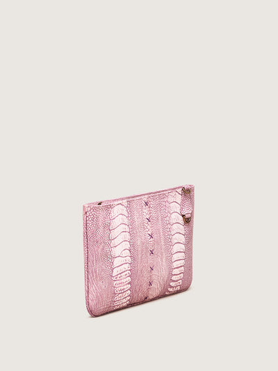Releve Fashion Okapi Aja Clutch Light Pink Ostrich Shin Black Stitching Sustainable Ethical Fashion Brand Positive Luxury Positive Fashion Purchase with Purpose Shop for Good