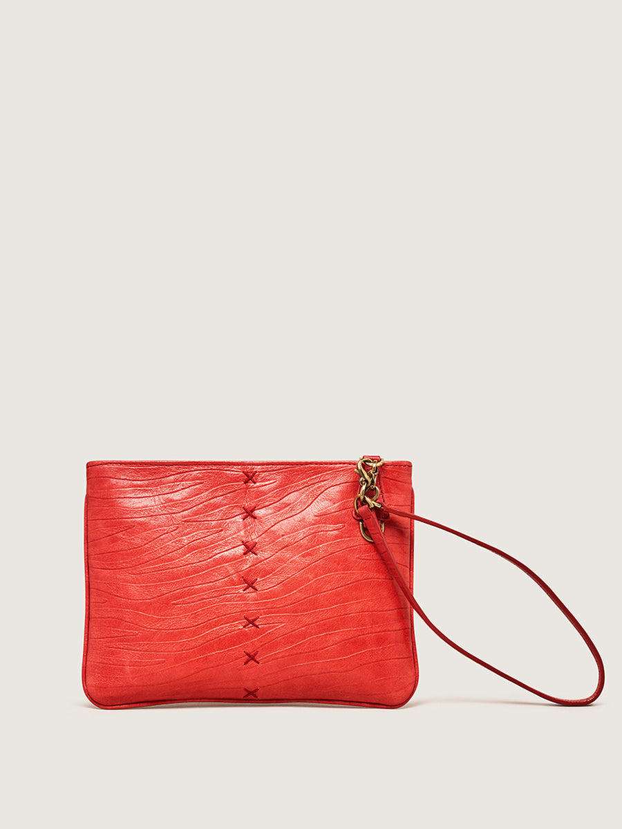 Releve Fashion Okapi Clutch Bag Scarlet Red Zebra Blesbok Gold Hardware Sustainable Ethical Fashion Brand Positive Luxury Positive Fashion Purchase with Purpose Shop for Good