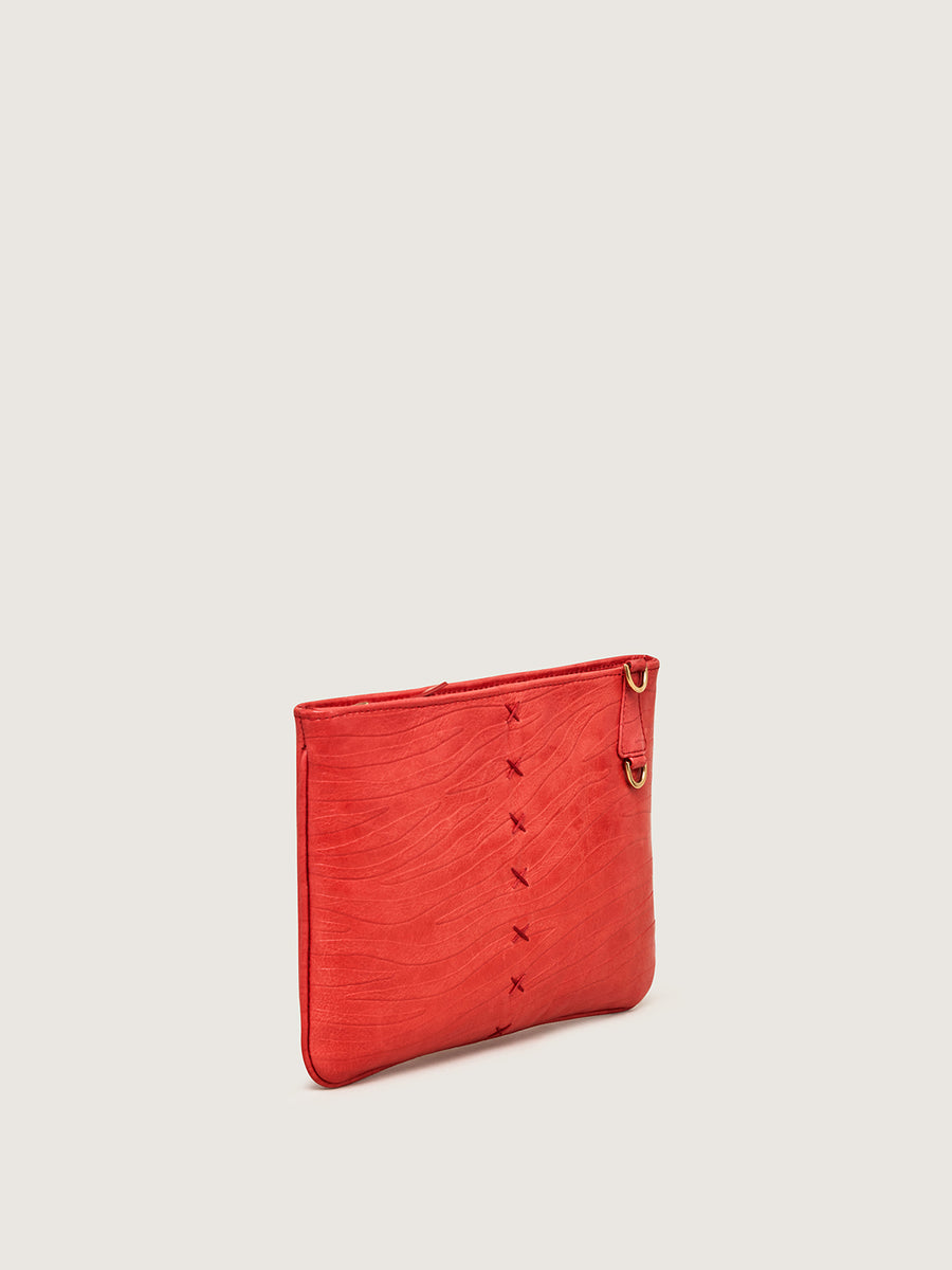 Releve Fashion Okapi Clutch Bag Scarlet Red Zebra Blesbok Gold Hardware Sustainable Ethical Fashion Brand Positive Luxury Positive Fashion Purchase with Purpose Shop for Good