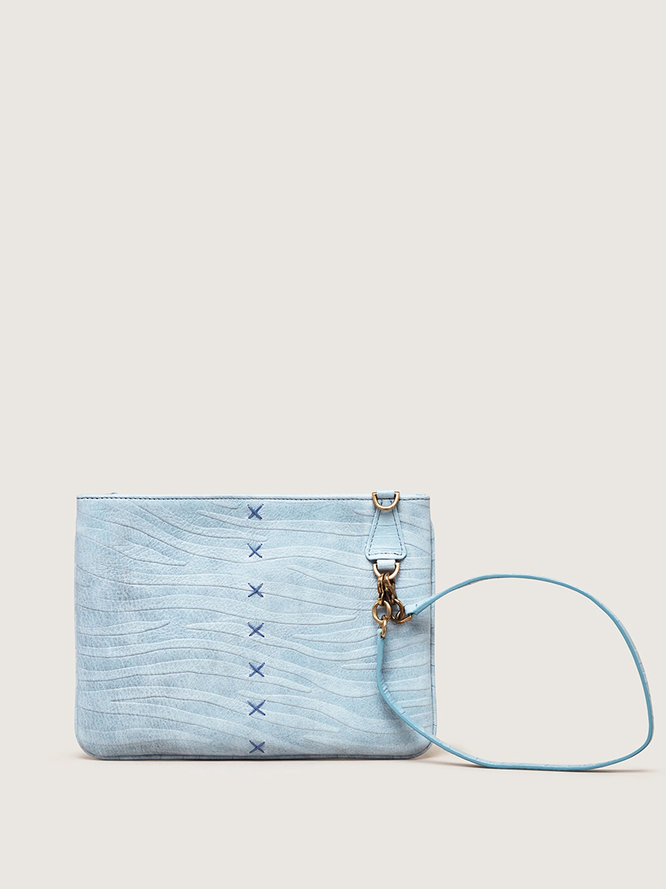 Releve Fashion Okapi Clutch Bag LQP Blue Zebra Blesbok Gold Hardware Sustainable Ethical Fashion Brand Positive Luxury Positive Fashion Purchase with Purpose Shop for Good