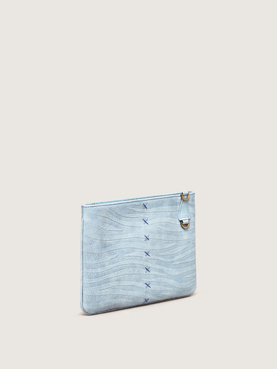 Releve Fashion Okapi Clutch Bag LQP Blue Zebra Blesbok Gold Hardware Sustainable Ethical Fashion Brand Positive Luxury Positive Fashion Purchase with Purpose Shop for Good