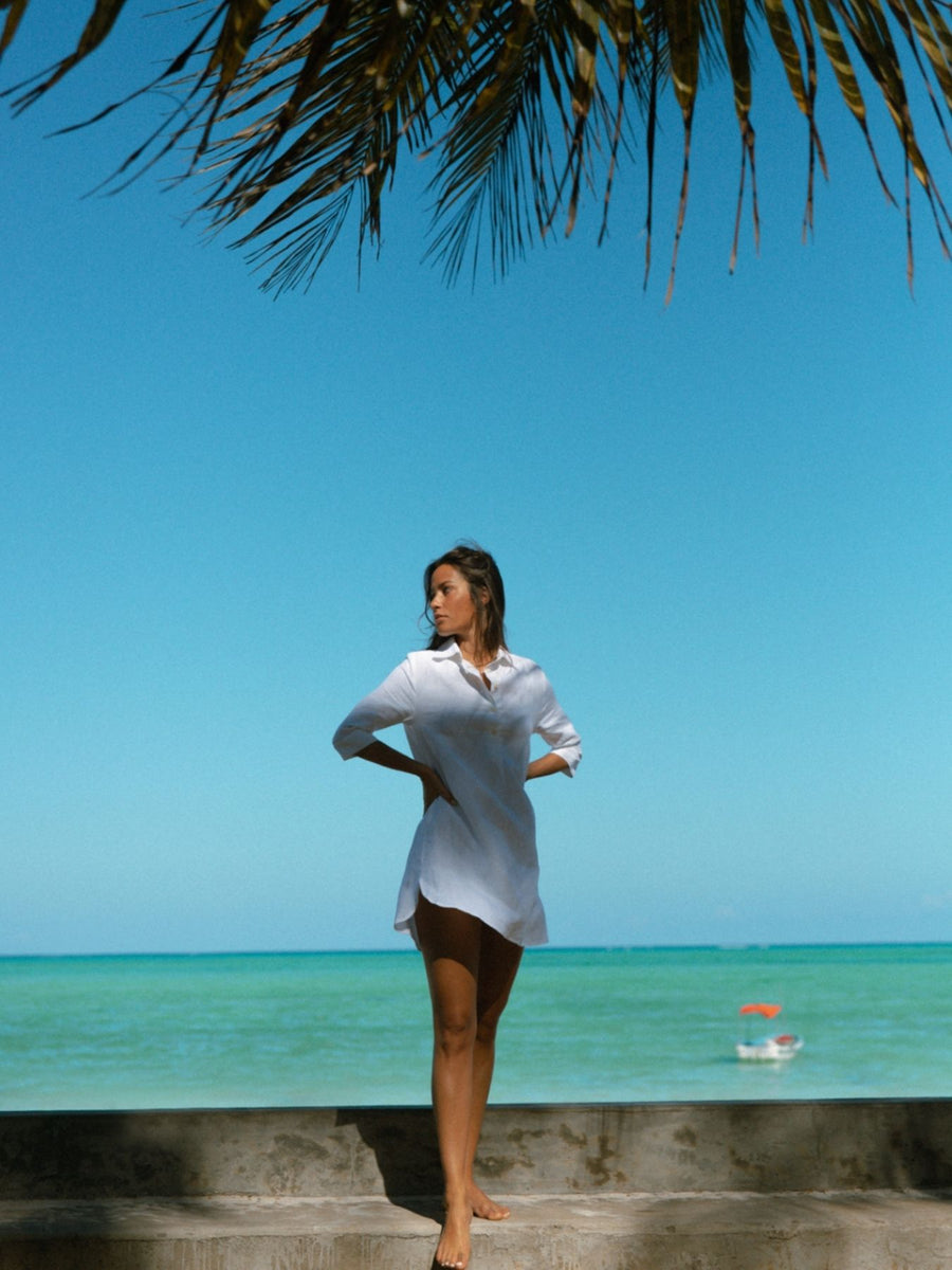 Bahamas Linen Shirt Dress, White