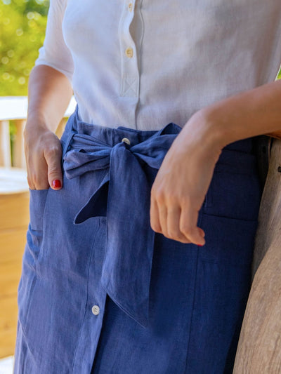 Releve Fashion Oramai London Blue Nomade Linen Long Skirt Ethical Clothing Designers Sustainable Fashion Brands Eco-Age Brandmark Purchase with Purpose Shop for Good