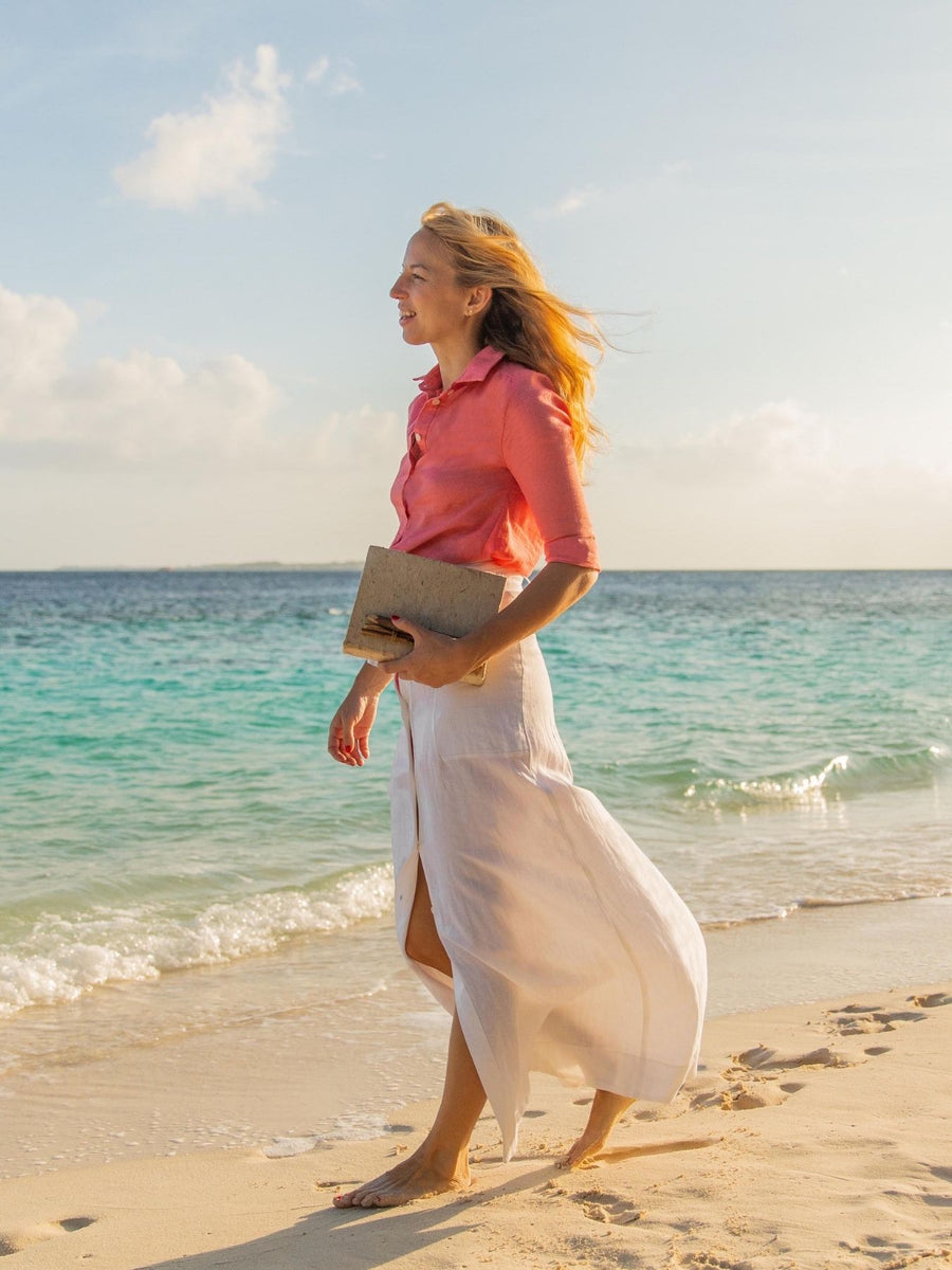 Releve Fashion Oramai London White Nomade Linen Long Skirt Ethical Clothing Designers Sustainable Fashion Brands Eco-Age Brandmark Purchase with Purpose Shop for Good