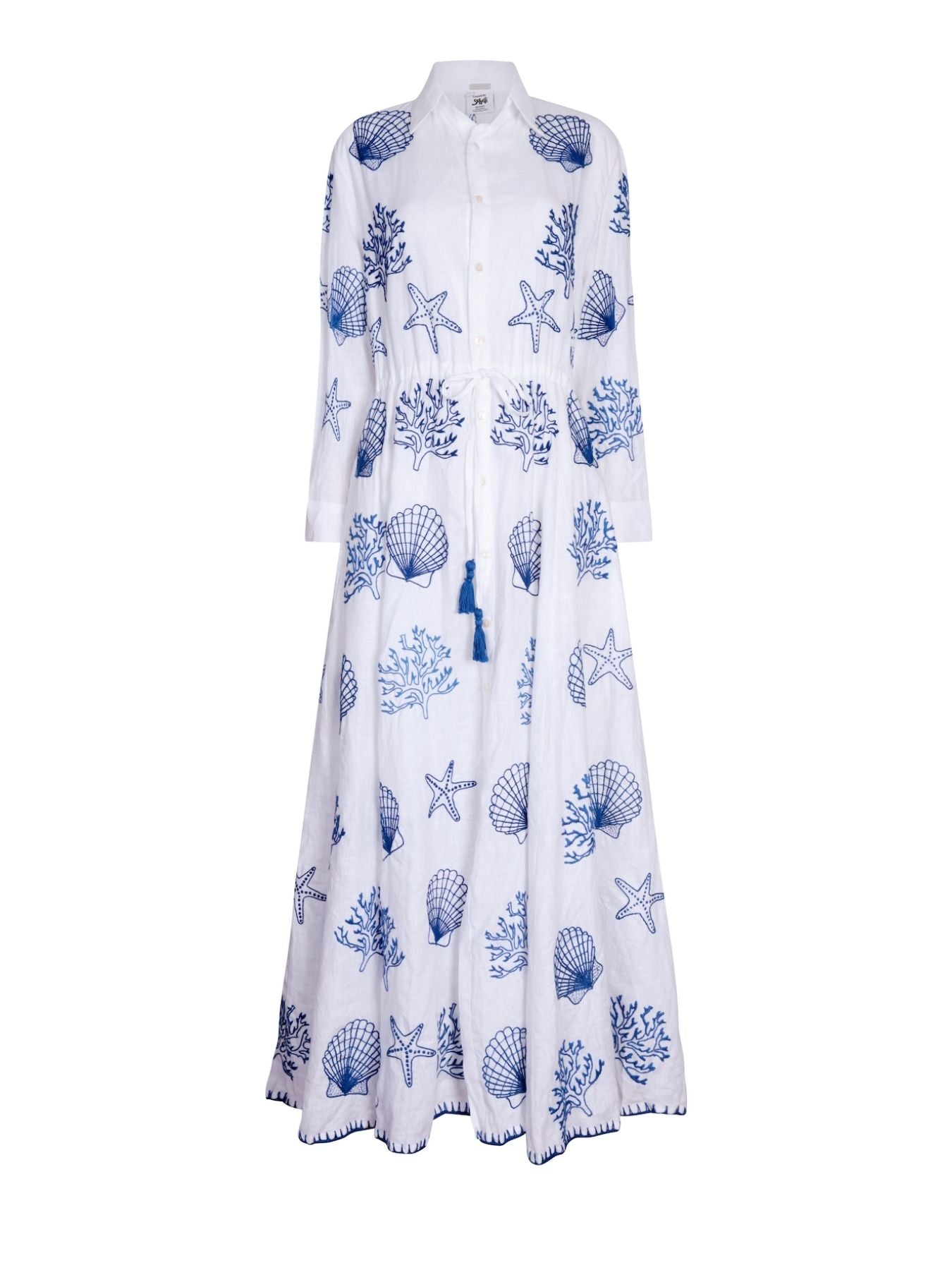 Releve Fashion Oramai London Saheli Embroidered Amalfi Long Shirt Dress in Blue & White Sustainable Style Conscious Clothing Ethical Fashion Purchase With Purpose Shop For Good