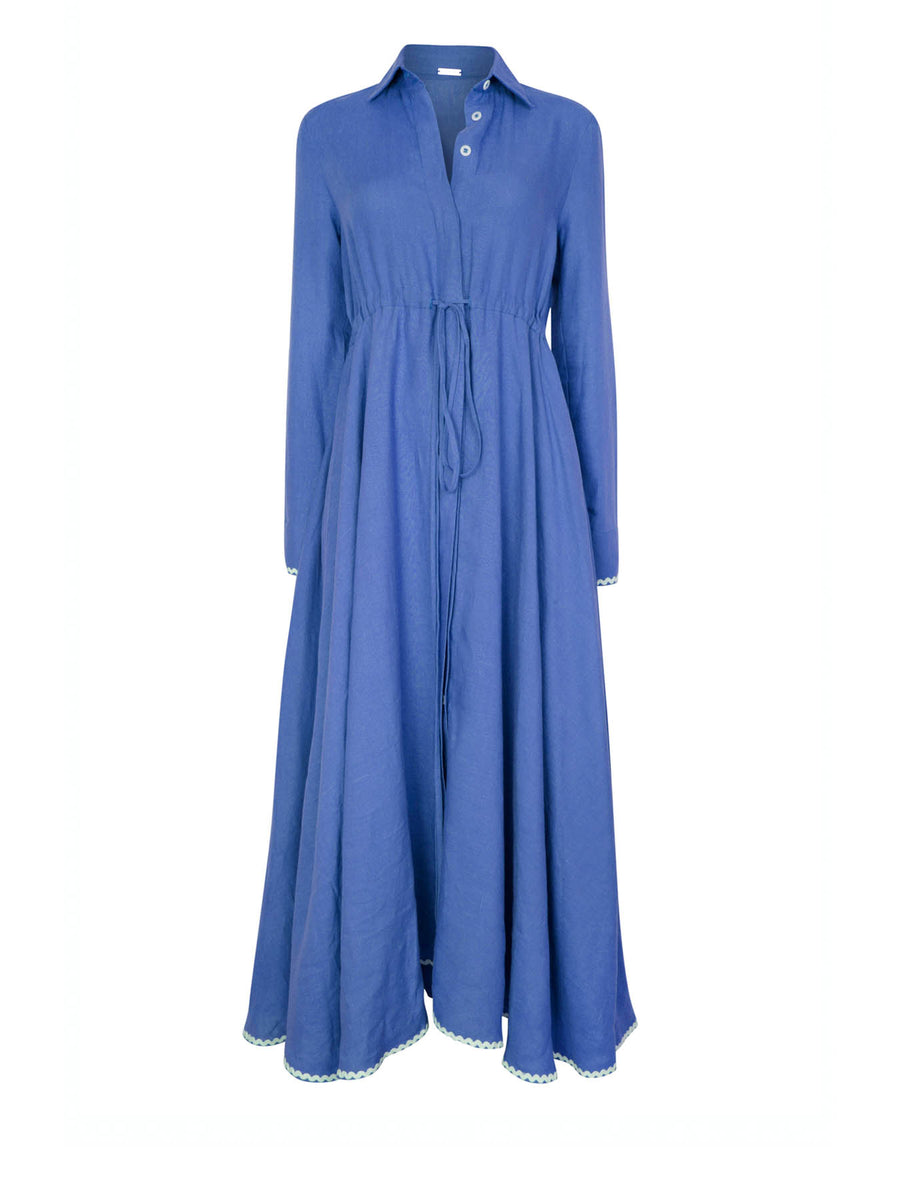 Releve Fashion Oramai London Blue Amalfi Long Linen Dress Ethical Clothing Designers Sustainable Fashion Brands Eco-Age Brandmark Purchase with Purpose Shop for Good