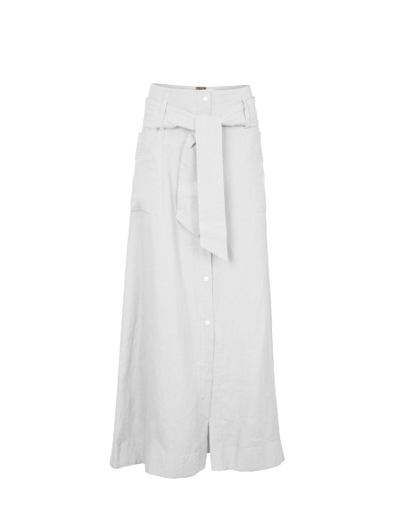 Releve Fashion Oramai London White Nomade Linen Long Skirt Ethical Clothing Designers Sustainable Fashion Brands Eco-Age Brandmark Purchase with Purpose Shop for Good