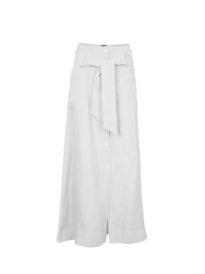 Releve Fashion Oramai London White Nomade Linen Long Skirt Ethical Clothing Designers Sustainable Fashion Brands Eco-Age Brandmark Purchase with Purpose Shop for Good