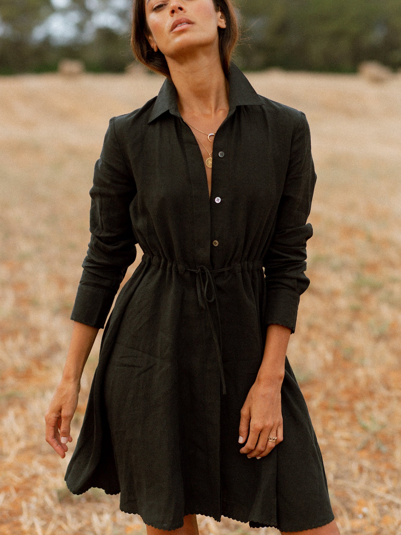 Amalfi Short Linen Dress, Black - Main Image