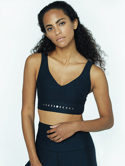 Releve Fashion Pama London Black Moon & Stars Sports Bra Ethical Designers Sustainable Fashion Brand Activewear Athleticwear Athleisure Yoga Positive Fashion Purchase with Purpose Shop for Good