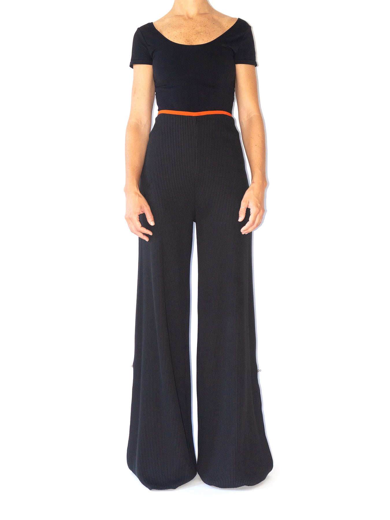 Releve Fashion Port Zienna Black Andria Organic Cotton Waffle Knit Palazzo Pants Sustainable Luxury Fashion Conscious Clothing Ethical Designer Brand Eco Design Innovative Materials Purchase with Purpose Shop for Good