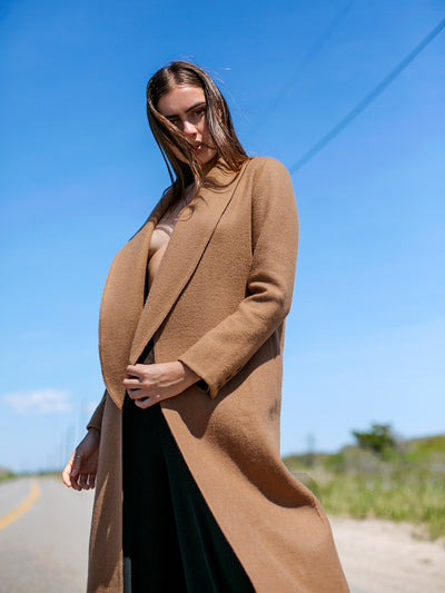 Releve Fashion Port Zienna Long Camel Kyoto Alpaca Coat Sustainable Luxury Fashion Conscious Clothing Ethical Designer Brand Eco Design Innovative Materials Purchase with Purpose Shop for Good