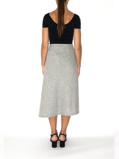 Releve Fashion Port Zienna Grey and Black Cin Asymmetrical Wool Skirt Sustainable Luxury Fashion Conscious Clothing Ethical Designer Brand Eco Design Innovative Materials Purchase with Purpose Shop for Good