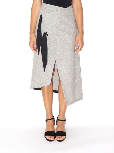 Releve Fashion Port Zienna Grey and Black Cin Asymmetrical Wool Skirt Sustainable Luxury Fashion Conscious Clothing Ethical Designer Brand Eco Design Innovative Materials Purchase with Purpose Shop for Good