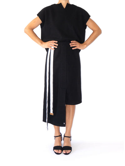 Releve Fashion Port Zienna Black Gres Asymmetrical Mid-Length Wool Skirt Sustainable Luxury Fashion Conscious Clothing Ethical Designer Brand Eco Design Innovative Materials Purchase with Purpose Shop for Good