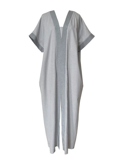 Releve Fashion Port Zienna Adonia Cotton Kimono Caftan in Grey and White Pinstripes Sustainable Luxury Fashion Conscious Clothing Ethical Designer Brand Purchase with Purpose Shop for Good