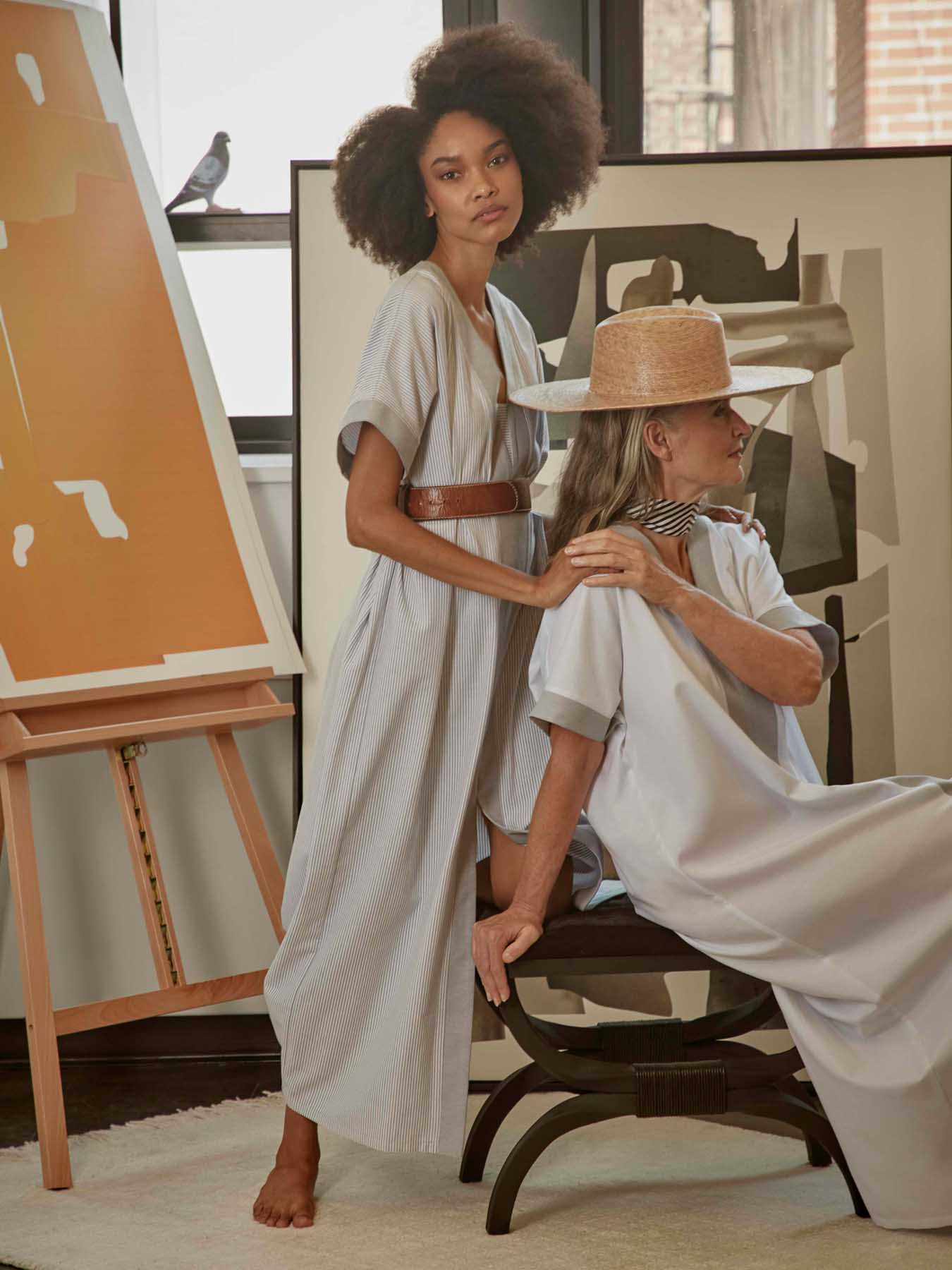 Releve Fashion Port Zienna Adonia Cotton Kimono Caftan in Grey and White Pinstripes Sustainable Luxury Fashion Conscious Clothing Ethical Designer Brand Purchase with Purpose Shop for Good