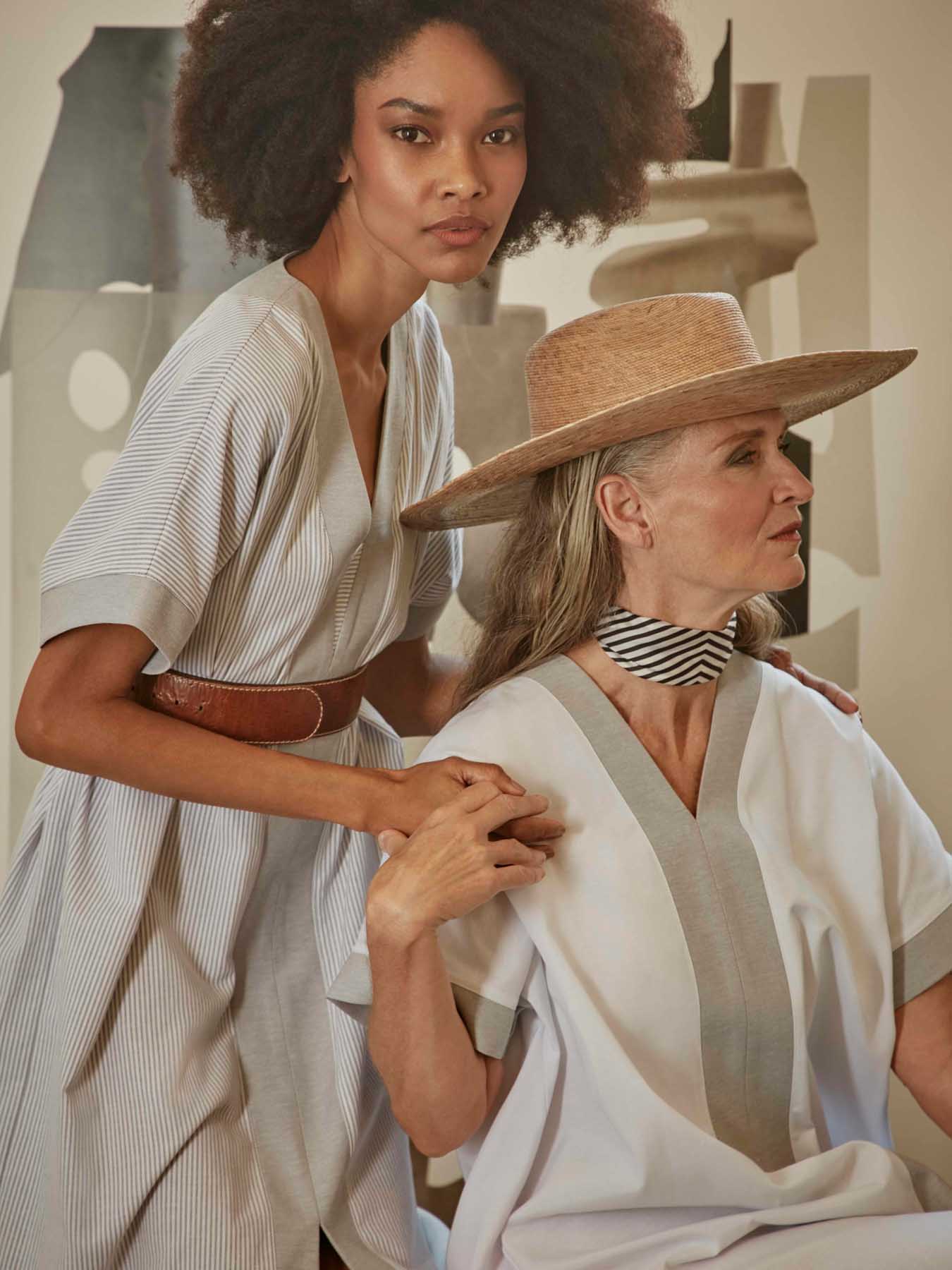 Releve Fashion Port Zienna Adonia Cotton Kimono Caftan in Grey and White Pinstripes Sustainable Luxury Fashion Conscious Clothing Ethical Designer Brand Purchase with Purpose Shop for Good