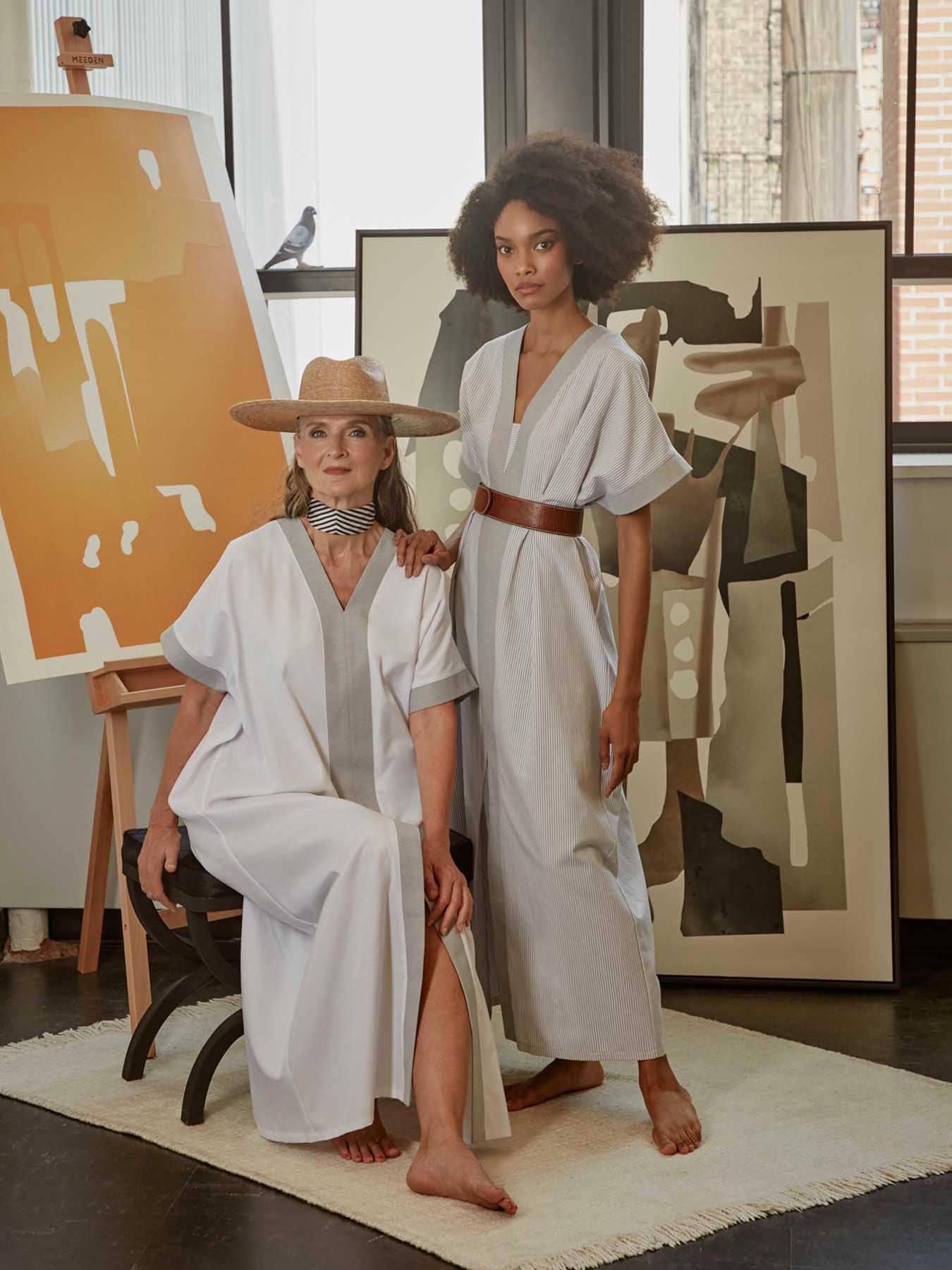 Releve Fashion Port Zienna Adonia Cotton Kimono Caftan in Grey and White Pinstripes Sustainable Luxury Fashion Conscious Clothing Ethical Designer Brand Purchase with Purpose Shop for Good