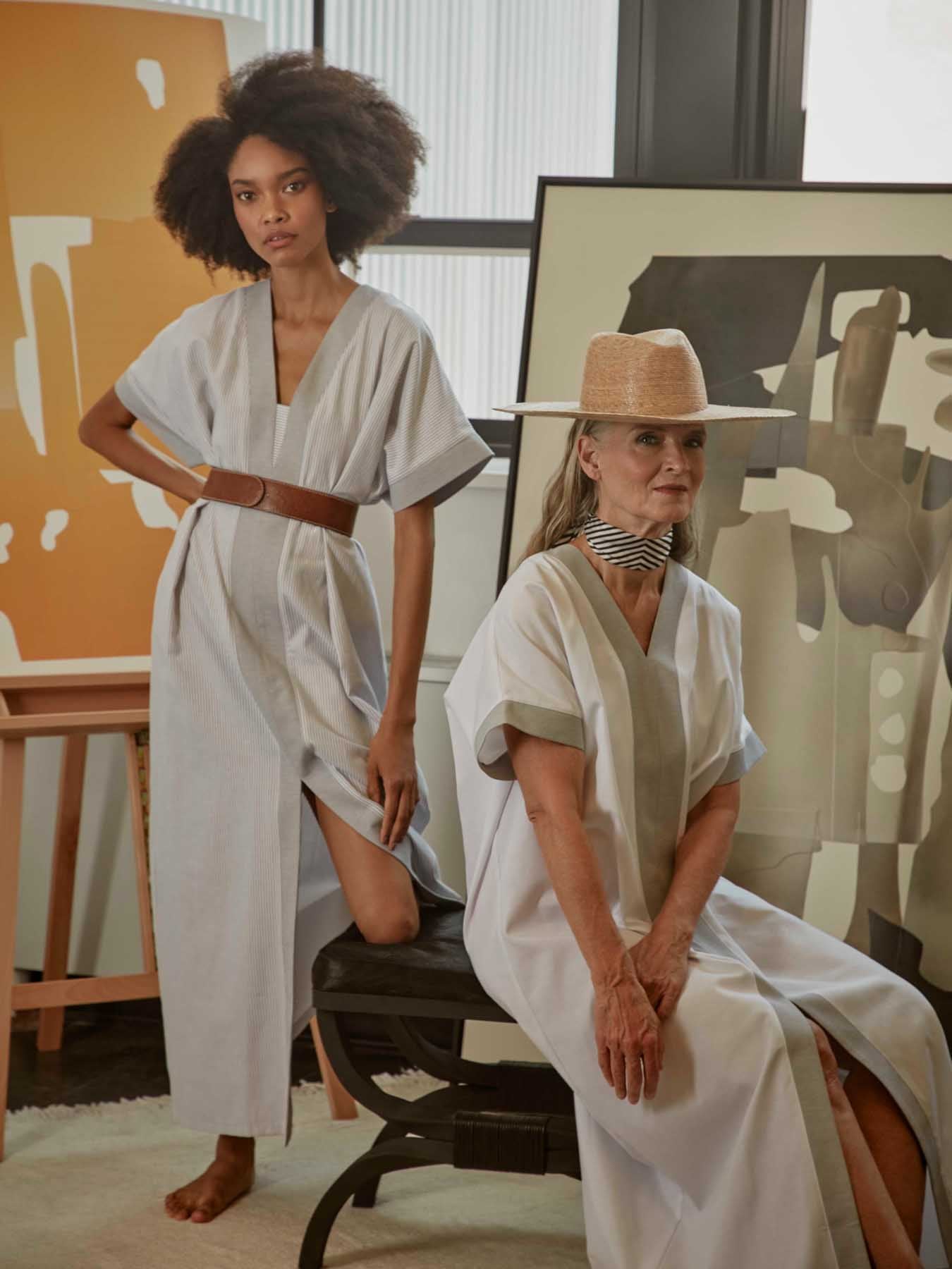 Releve Fashion Port Zienna Adonia Cotton Kimono Caftan in Grey and White Pinstripes Sustainable Luxury Fashion Conscious Clothing Ethical Designer Brand Purchase with Purpose Shop for Good