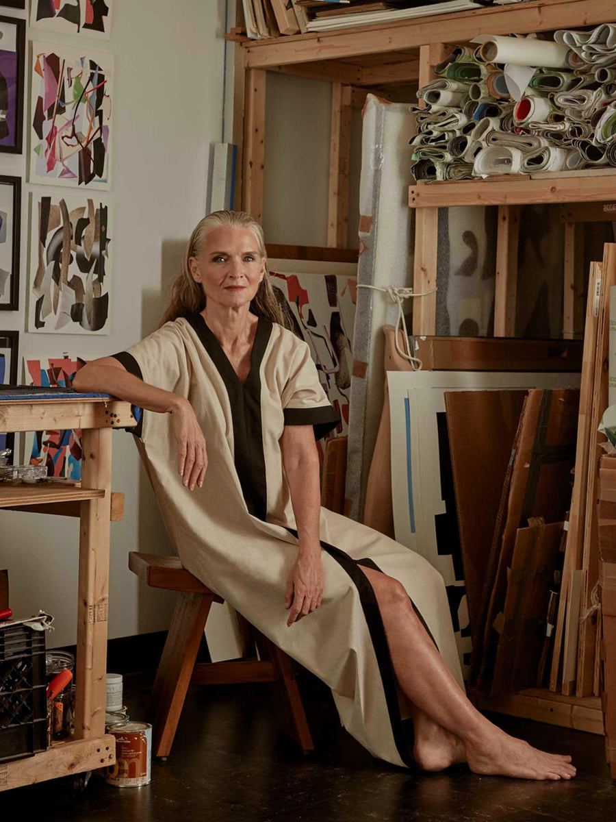 Releve Fashion Port Zienna Elisia Cotton Kimono Caftan in Beige and Black Sustainable Luxury Fashion Conscious Clothing Ethical Designer Brand Purchase with Purpose Shop for Good