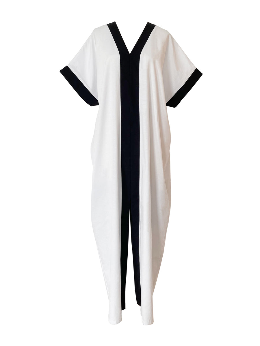 Releve Fashion Port Zienna Lyra Cotton Kimono Caftan in White and Black Sustainable Luxury Fashion Conscious Clothing Ethical Designer Brand Purchase with Purpose Shop for Good