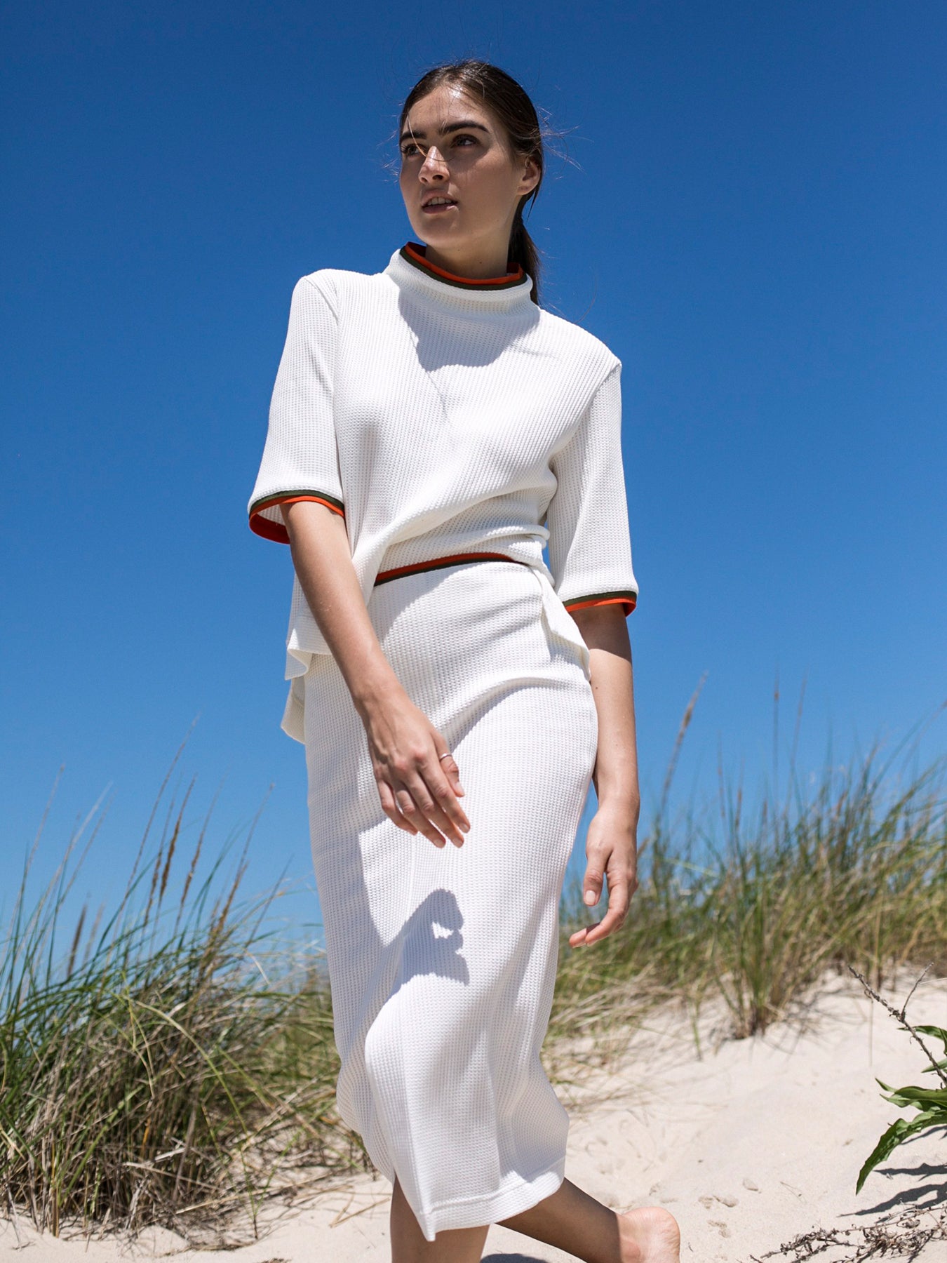 Releve Fashion Port Zienna White Hasia Organic Cotton Waffle Knit Top Sustainable Luxury Fashion Conscious Clothing Ethical Designer Brand Eco Design Innovative Materials Purchase with Purpose Shop for Good