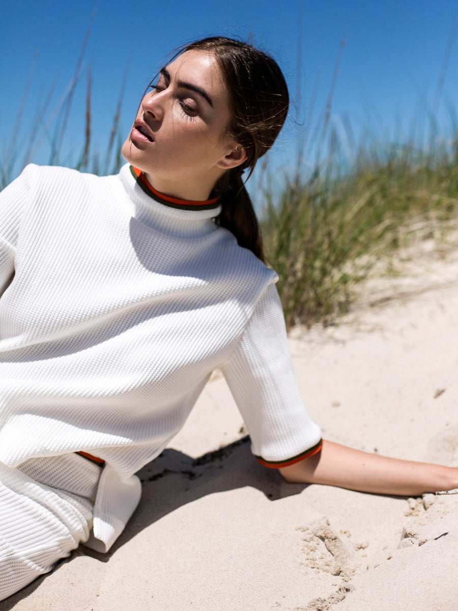 Releve Fashion Port Zienna White Hasia Organic Cotton Waffle Knit Top Sustainable Luxury Fashion Conscious Clothing Ethical Designer Brand Eco Design Innovative Materials Purchase with Purpose Shop for Good