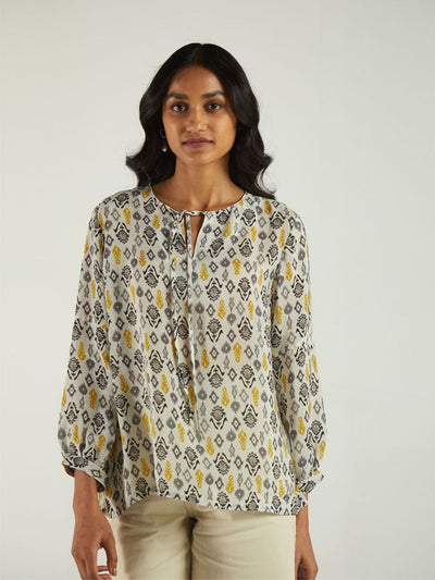 Releve Fashion Reistor A Summer Escape Top Ikat Gardens Print Ethical Designer Brand Sustainable Fashion Conscious Clothing Purchase with Purpose Shop for Good